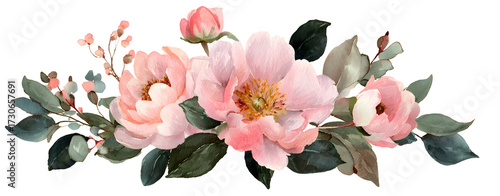 Romantic blush flower bouquet set watercolor botanical arrangement soft leaves elegant. Isolated on transparent.

