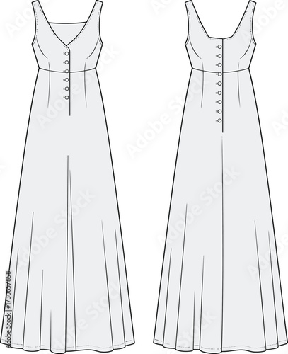 Cad drawing flat vector illustration of elegant women sleeveless long button front maxi dress summer fashion garment technical fashion sketch