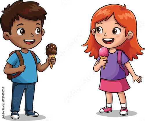 Cartoon kids enjoying ice cream outdoors, summer treat illustration with happy children, friendship moment, colorful vector for educational and commercial use