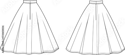 Cad drawing flat vector illustration of elegant women’s flared midi skirt with waistband pleats and back zipper fashion template design
