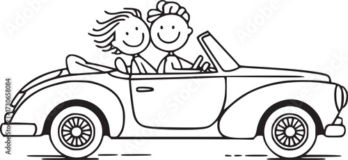 Joyride: a delightful hand-drawn illustration depicting a carefree couple enjoying a scenic drive in a stylish convertible, capturing the essence of happiness and adventure.