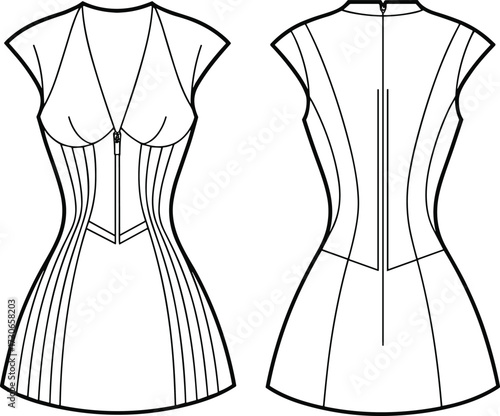 Cad drawing flat vector illustration of fitted corset style mini dress with deep v neckline, front zipper, and panel seam details