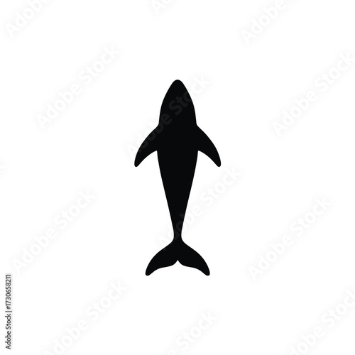 Vector silhouette of dolphin top view, minimal black marine animal design isolated