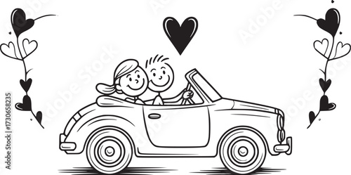 Romantic Getaway Illustration: A sweet illustration of a couple in a convertible car, driving towards adventure, with love in the air.