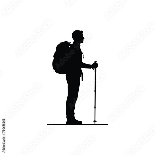Vector silhouette of explorer standing with backpack and trekking pole, solid black design
