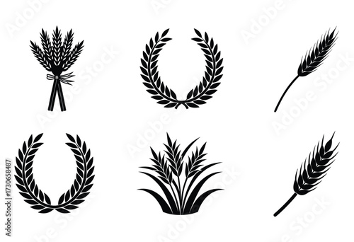 Wheat Ear, Rice Paddy, and Laurel Wreath Silhouette Icons
