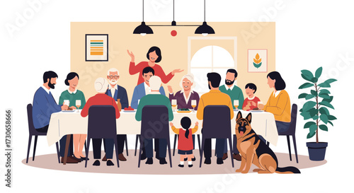 A multi-generational family gathers for a holiday meal together.