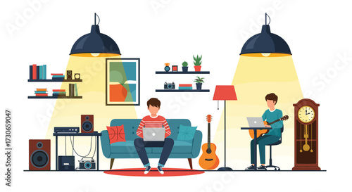 Two young men enjoying their hobbies indoors.