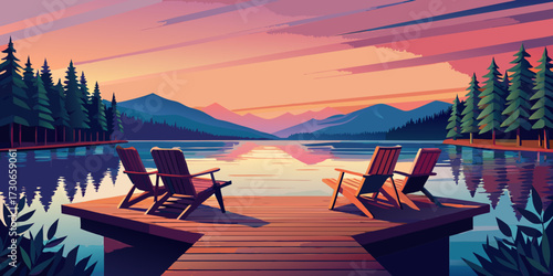 Relaxing summer vacation view: sunset over the lake with a beach and tropical island landscape