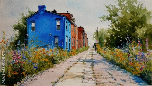 A picturesque alleyway lined with vibrant homes, showcasing a riot of colorful flowers and lush greenery, painted in a serene watercolor style.