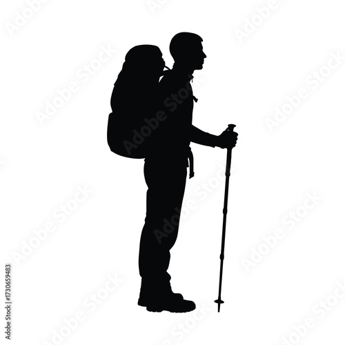 Vector silhouette of standing trekker with walking stick and backpack, solid black design