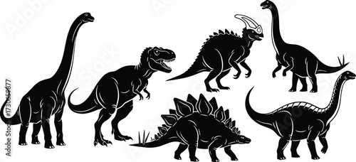 "Black dinosaur silhouette vector set with Brachiosaurus, T. rex, Stegosaurus, Parasaurolophus in side profile for prehistoric design"