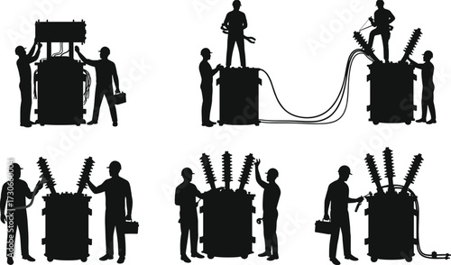 Silhouette workers maintaining and repairing high voltage electrical transformers with tools, safety helmets, cables, and equipment for industrial power station vector