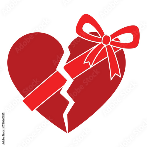 Vector art of broken heart with red ribbon and bow
