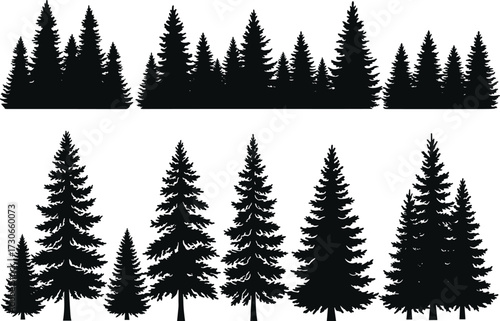 "Black conifer tree silhouette vector set with forest grouping and individual pine shapes for nature, landscape, and design themes"