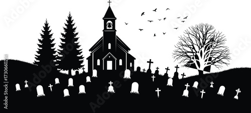 "Black graveyard silhouette vector with church, gravestones, leafless tree, flying birds for Halloween, gothic, and memorial design"