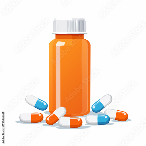 An illustration of an orange medicine bottle with its cap off, spilling out multiple pills.