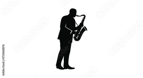 A musician playing a saxophone in a dark striking silhouette