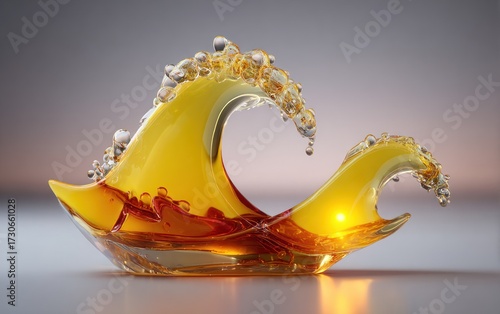 A captivating design, showcasing a dynamic wave form crafted from amber-hued liquid, highlighting the interplay of light and reflection.