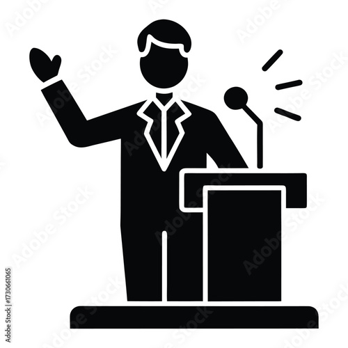 Man in suit speaking at podium with microphone and radiating lines vector