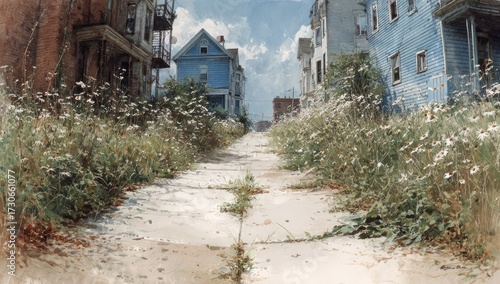 A weathered urban street lined with overgrown vegetation and faded blue houses, bathed in a soft, subdued light.