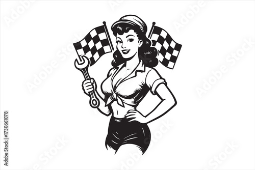 Vintage pin up girl mechanic holding wrench with checkered racing flags. Retro style illustration for garage, motorsport, racing emblem, automotive repair, or logo design.