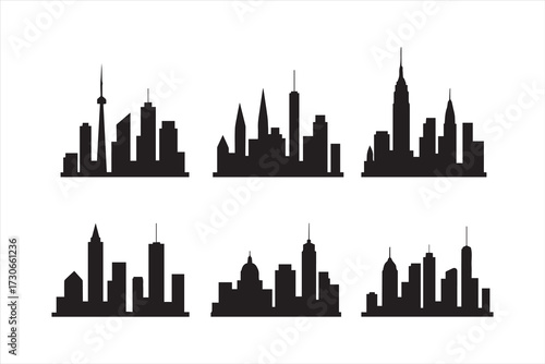 City skyline silhouette vector set with skyscrapers and modern buildings. Black urban landscape design isolated on white. Perfect for architecture, cityscape, and skyline illustration.