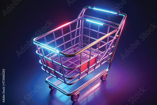 Empty Shopping Cart Illuminated by Neon Lights trolley