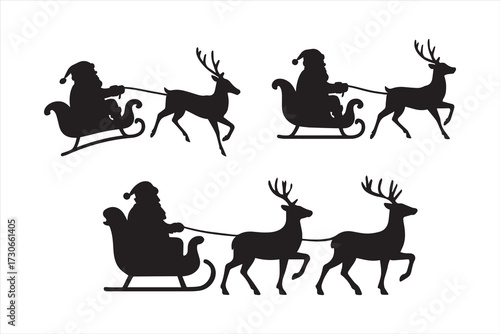 Santa Claus silhouette riding sleigh pulled by reindeer. Black vector Christmas design isolated on white. Perfect for holiday, winter, festive, and celebration elements.