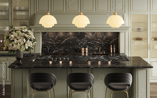 Quadro em tela Luxury green kitchen with marble island and bar stools