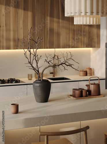 Fotografie Minimalist kitchen interior with wooden details and decor vase