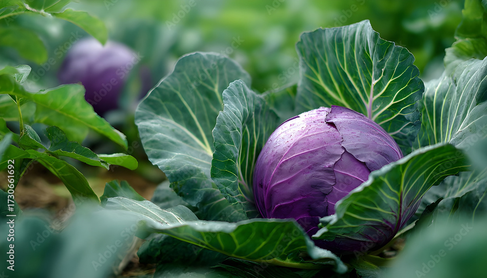 Fototapeta premium Garden-grown red cabbage nearing harvest with broad green foliage amidst a summer vegetable patch. Close-up on Brassica oleracea variety