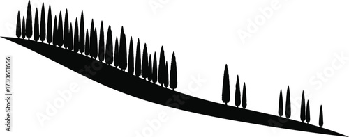 "Stylized silhouette vector of hillside with cypress trees, minimalist black landscape design, rhythmic nature pattern for scenic illustration use"