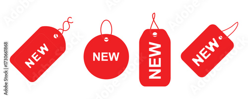 New product labels. Red stickers with "New" labels in price tag, circular badges and spark shape frames for sale, special offer and new arrival promotion.