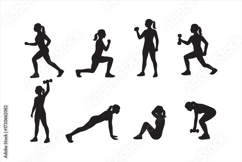 Set of women fitness silhouettes with dumbbells, running, lunges, planks, and sit-ups. Black vector workout poses isolated on white for sport, gym, health, and design elements.