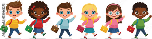 Cartoon illustration of diverse school children walking happily with backpacks and books, smiling kids going to school, education concept, learning together