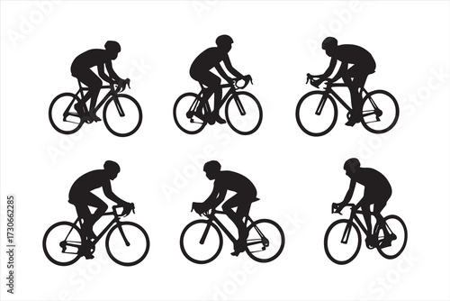 Set of cyclist silhouettes riding road bikes in different positions. Black vector shapes isolated on white background. Perfect for sport, fitness, race, logo, and graphic design elements.