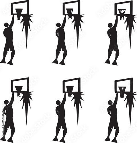 Basketball Player Silhouette Dunking Ball Into Hoop With Starburst Effect Keywords: basketball, player, silhouette, dunking, ball, hoop, net, starburst, effect, action, pose, jumping, scoring