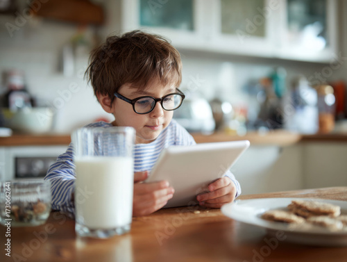 A young boy in glasses uses a tablet while having a glass of milk and cookies in a cozy kitchen environment.