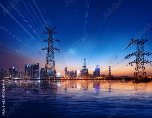 night city skyline with power lines