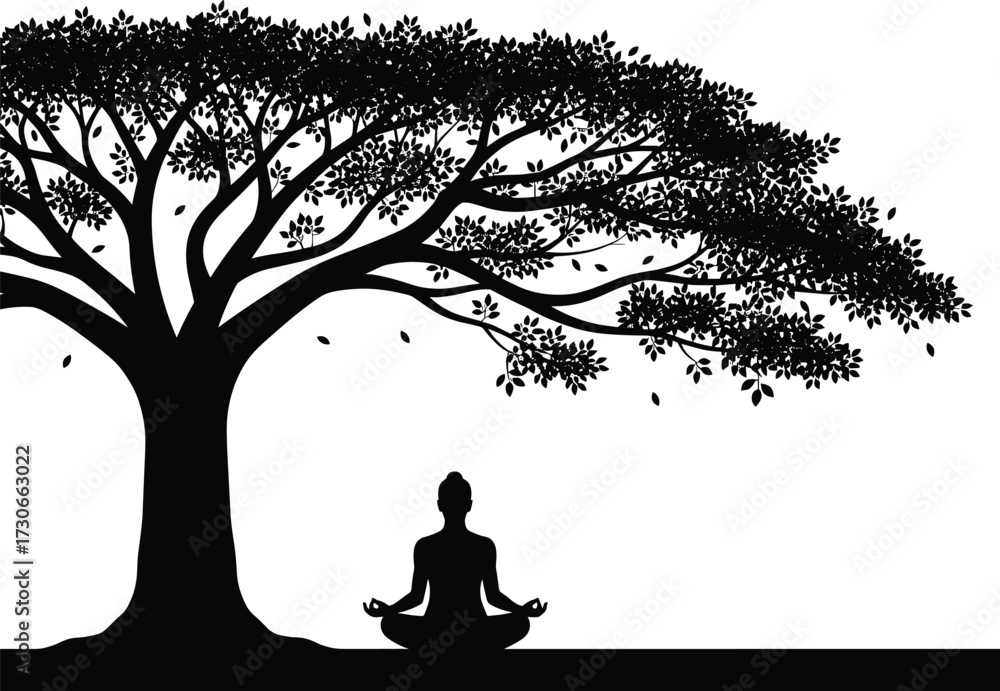 Tableau sur toile Meditation under tree silhouette, spiritual mindfulness art, black vector illust