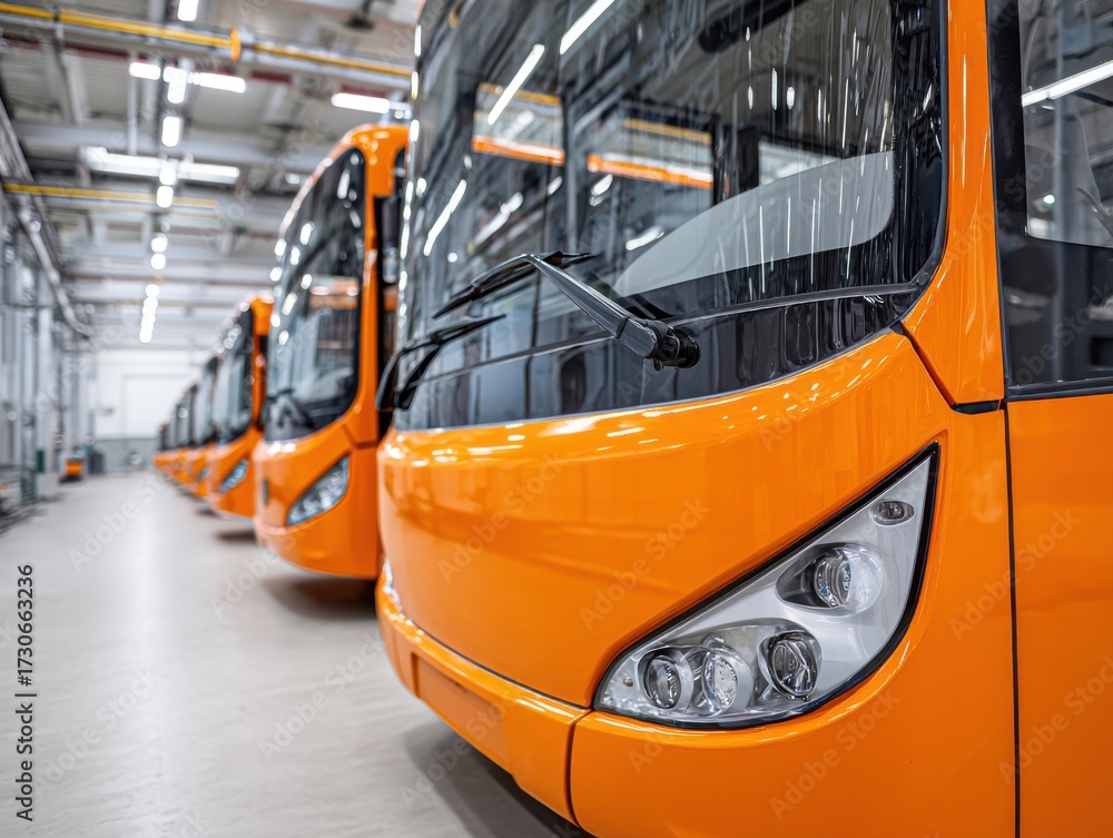 Naklejka premium A close-up view of multiple new orange public transportation buses parked in a large, well-lit factory or depot.