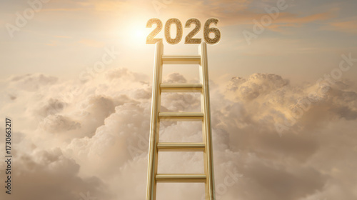 A symbolic golden ladder reaching toward the sky with glowing “2026” above clouds, representing ambition and future goals.