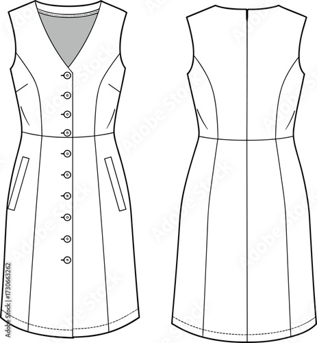 Cad drawing flat vector illustration of sleeveless button front dress with side pockets v neck technical fashion sketch front and back