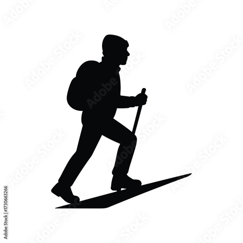 Vector silhouette of winter hiker on snow slope with backpack and stick, solid black