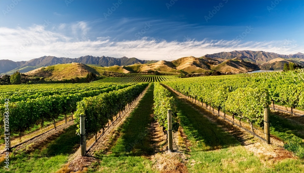 Fototapeta premium marlborough vineyard rows growing with mountain range background