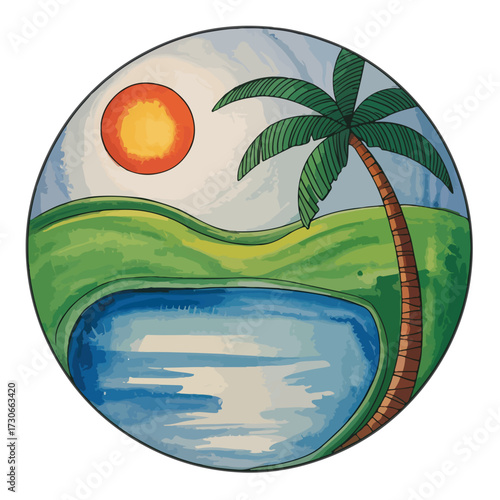 A beautiful tropical island landscape featuring palm trees, a sandy beach, and clear blue ocean water under the summer sun