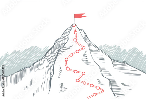 Mountain Climbing Route to Peak Symbolizing Business Journey Path in Progress Toward Success Vector Concept with Clear Steps and Goal Achievement Illustration