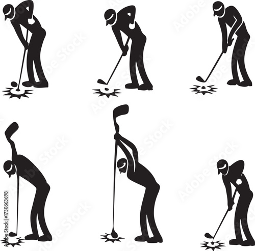 Golf Player Silhouette Poses Putting Ball Into Hole With Starburst Effect Keywords: golf, player, silhouette, action, pose, putting, ball, hole, starburst, effect, swing, club, person, figure