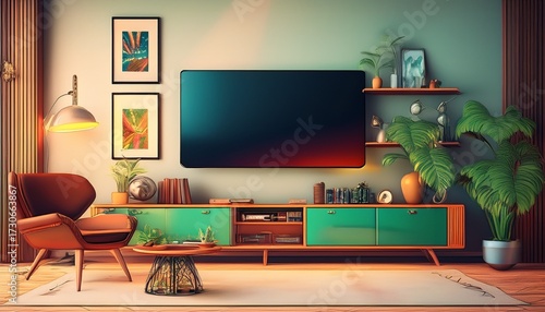 a living room with a tv on the wall and a green shelf with pictures on it a flat screen tv is above a coffee table with a blue chair and a blue chair a living room with a tv and a red
